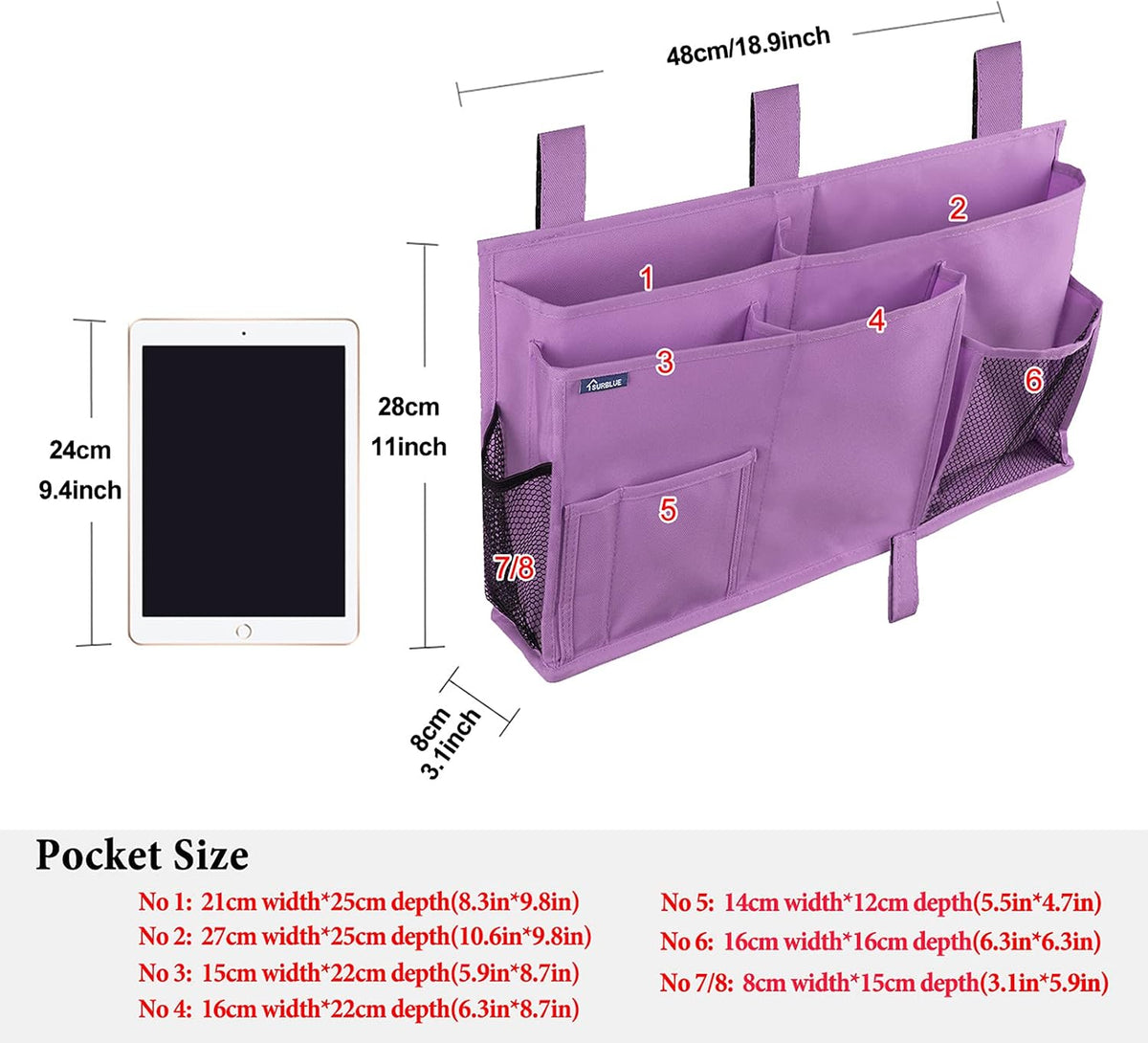 Bedside Caddy Hanging Bed Organizer Storage Bag Pocket for Bunk and Hospital Beds, College Dorm Rooms Baby Bed Rails,Camp (8 Pockets),Gray