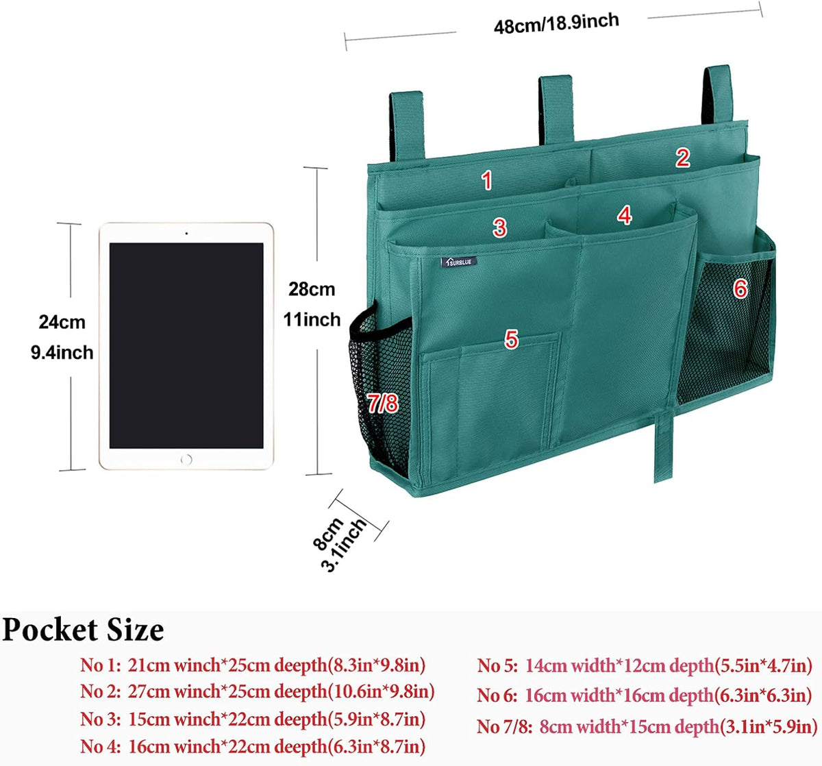 Bedside Caddy Hanging Bed Organizer Storage Bag Pocket for Bunk and Hospital Beds, College Dorm Rooms Baby Bed Rails,Camp (8 Pockets),Gray