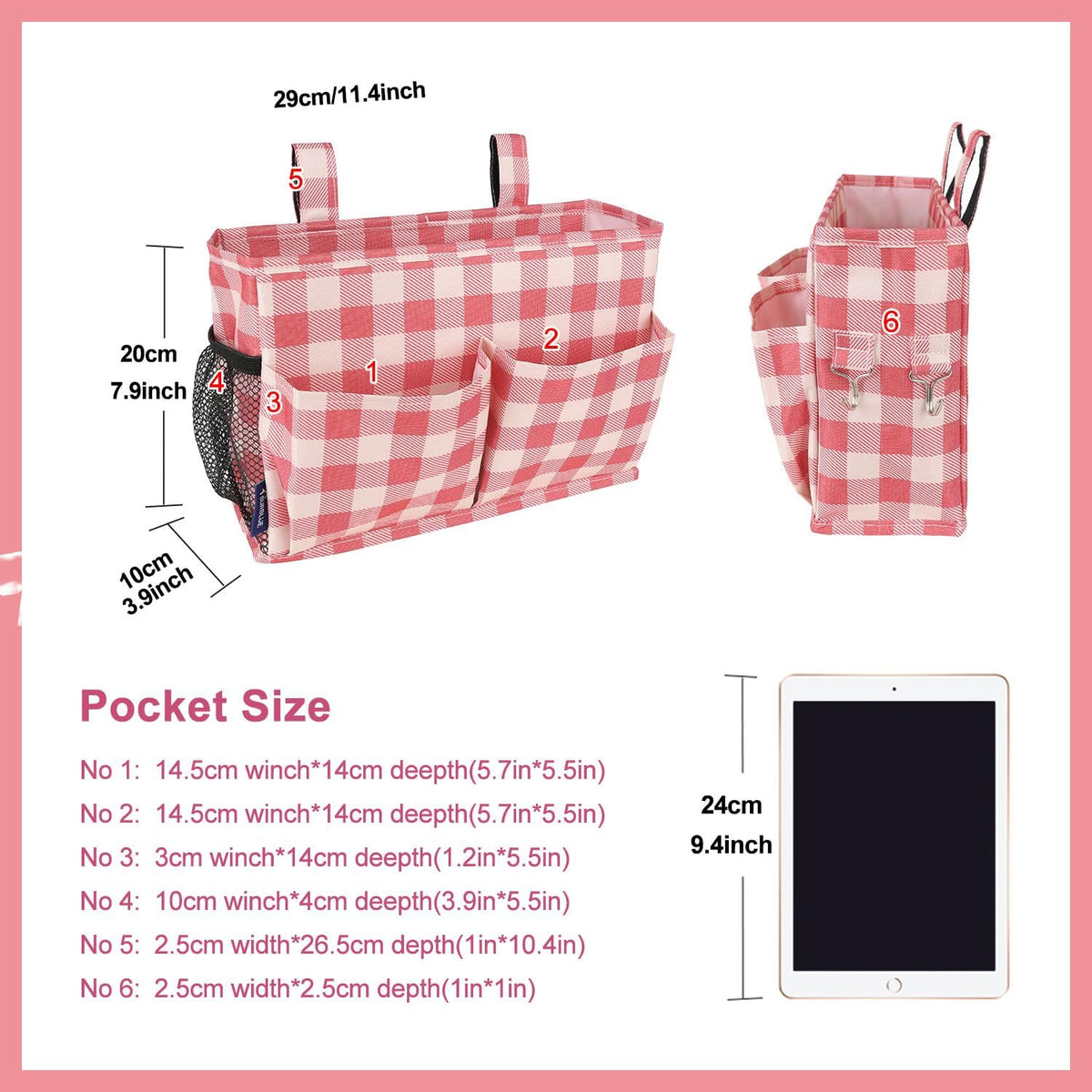 Bedside Caddy Hanging Bed Organizer Storage Bag Pocket for Bunk and Hospital Beds, College Dorm Rooms Baby Bed Rails,Camp (8 Pockets),Gray