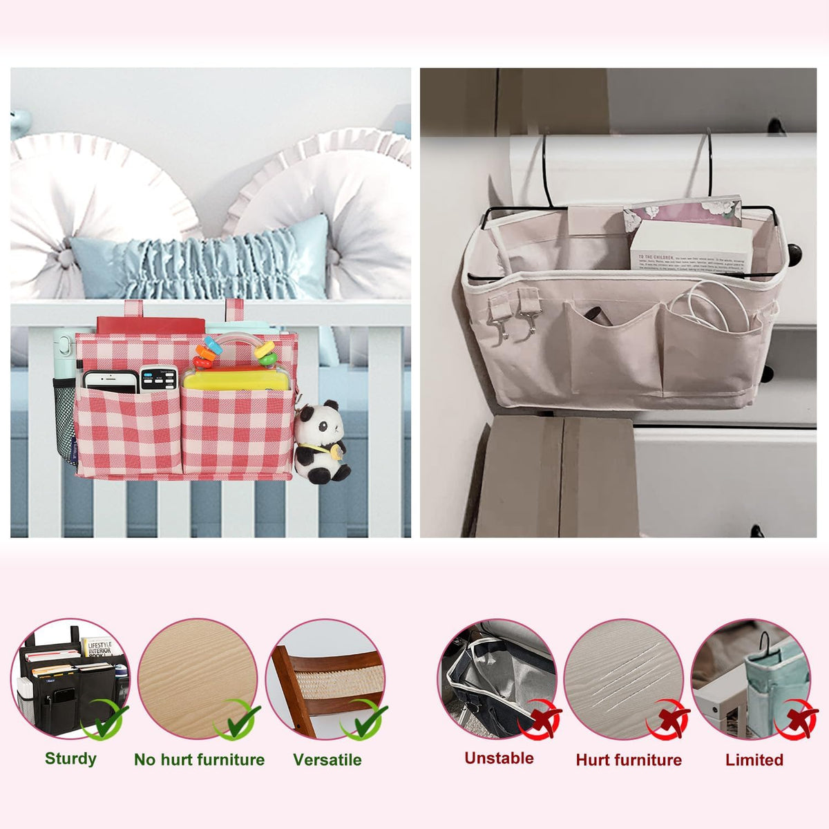 Bedside Caddy Hanging Bed Organizer Storage Bag Pocket for Bunk and Hospital Beds, College Dorm Rooms Baby Bed Rails,Camp (8 Pockets),Gray