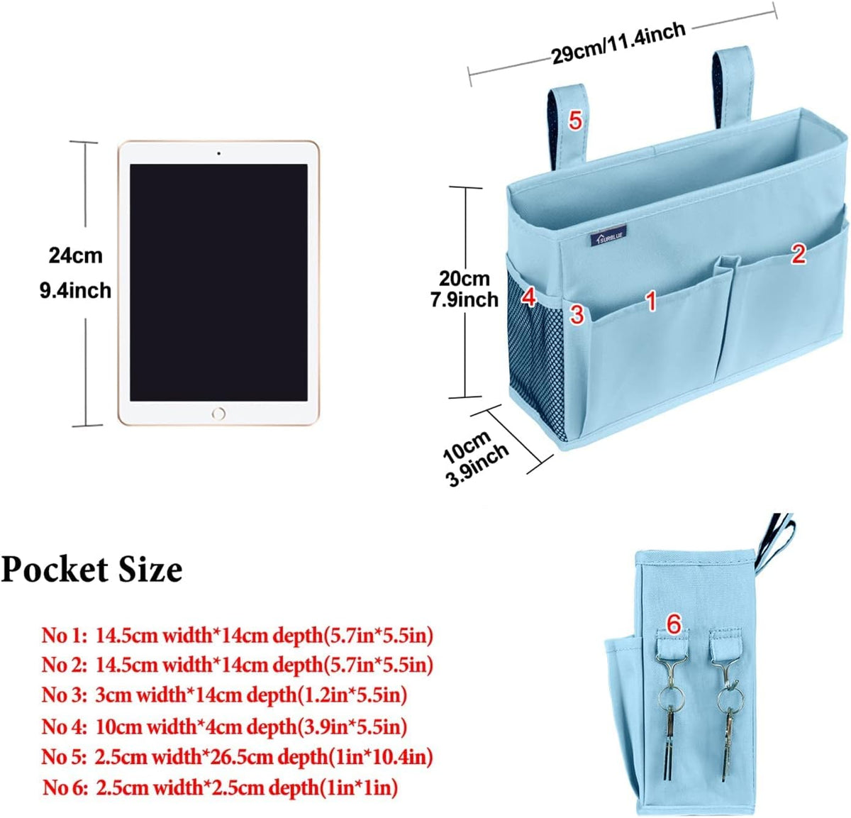 Bedside Caddy Hanging Bed Organizer Storage Bag Pocket for Bunk and Hospital Beds, College Dorm Rooms Baby Bed Rails,Camp (8 Pockets),Gray