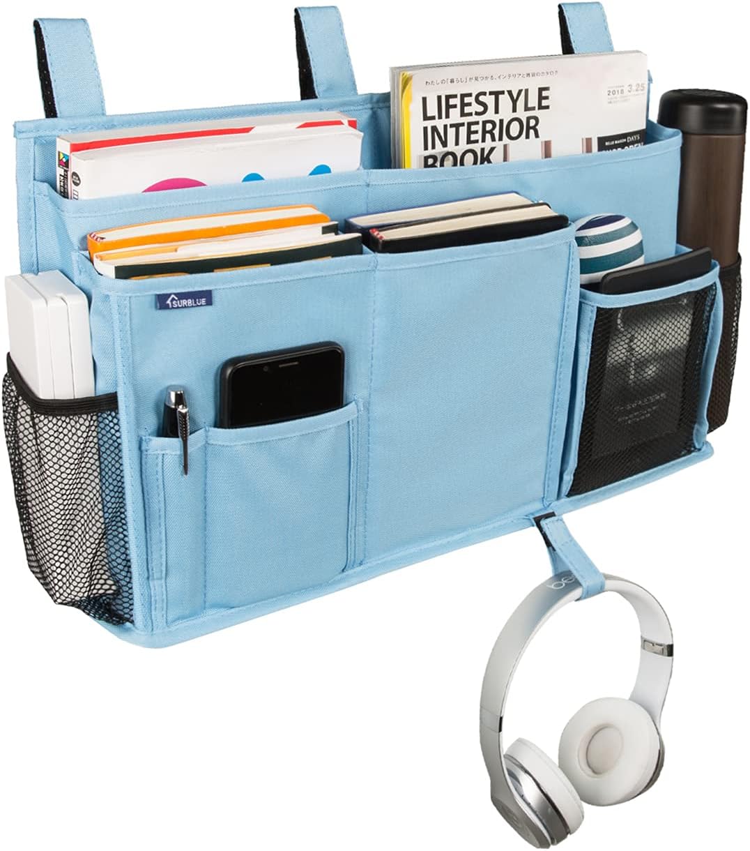 Bedside Caddy Hanging Bed Organizer Storage Bag Pocket for Bunk and Hospital Beds, College Dorm Rooms Baby Bed Rails,Camp (8 Pockets),Gray