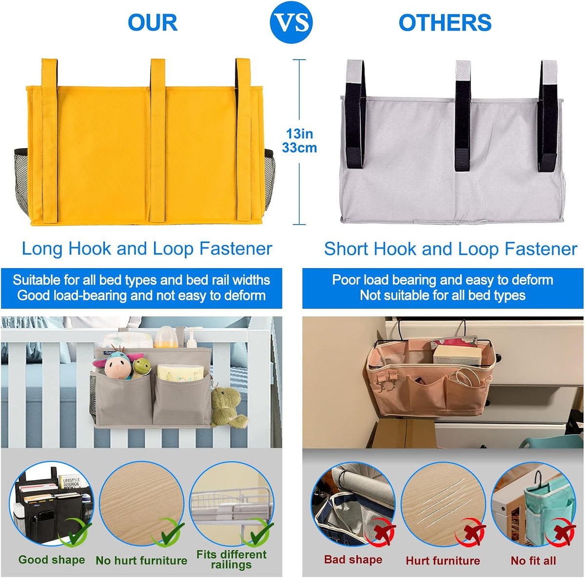 Bedside Caddy Hanging Bed Organizer Storage Bag Pocket for Bunk and Hospital Beds, College Dorm Rooms Baby Bed Rails,Camp (8 Pockets),Gray