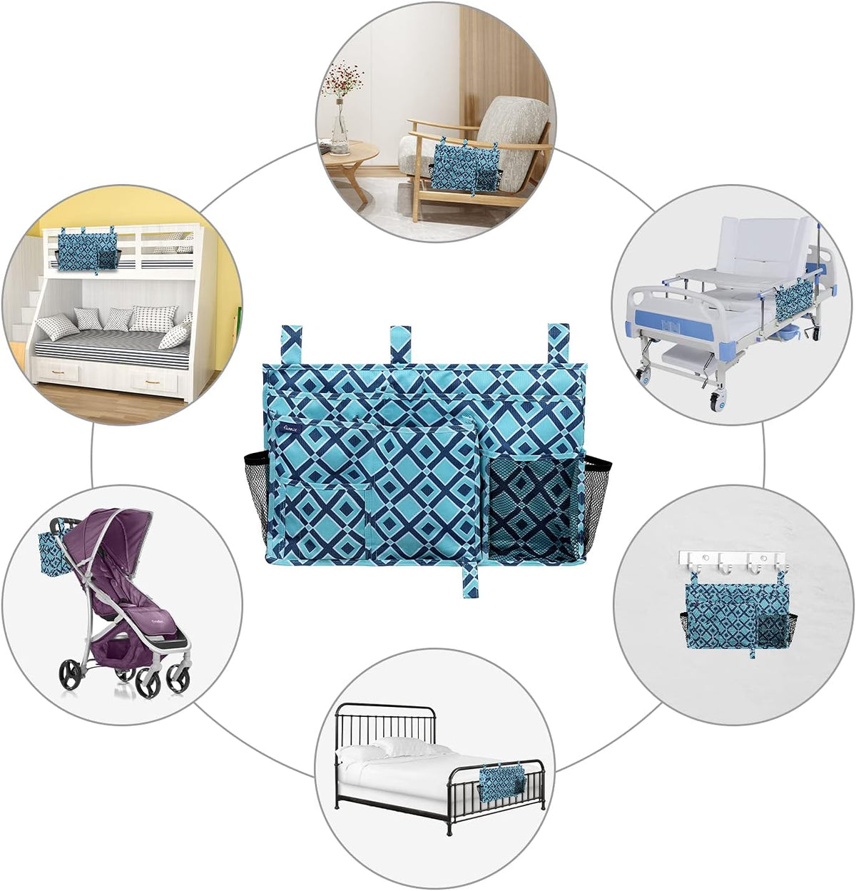 Bedside Caddy Hanging Bed Organizer Storage Bag Pocket for Bunk and Hospital Beds, College Dorm Rooms Baby Bed Rails,Camp (8 Pockets),Gray