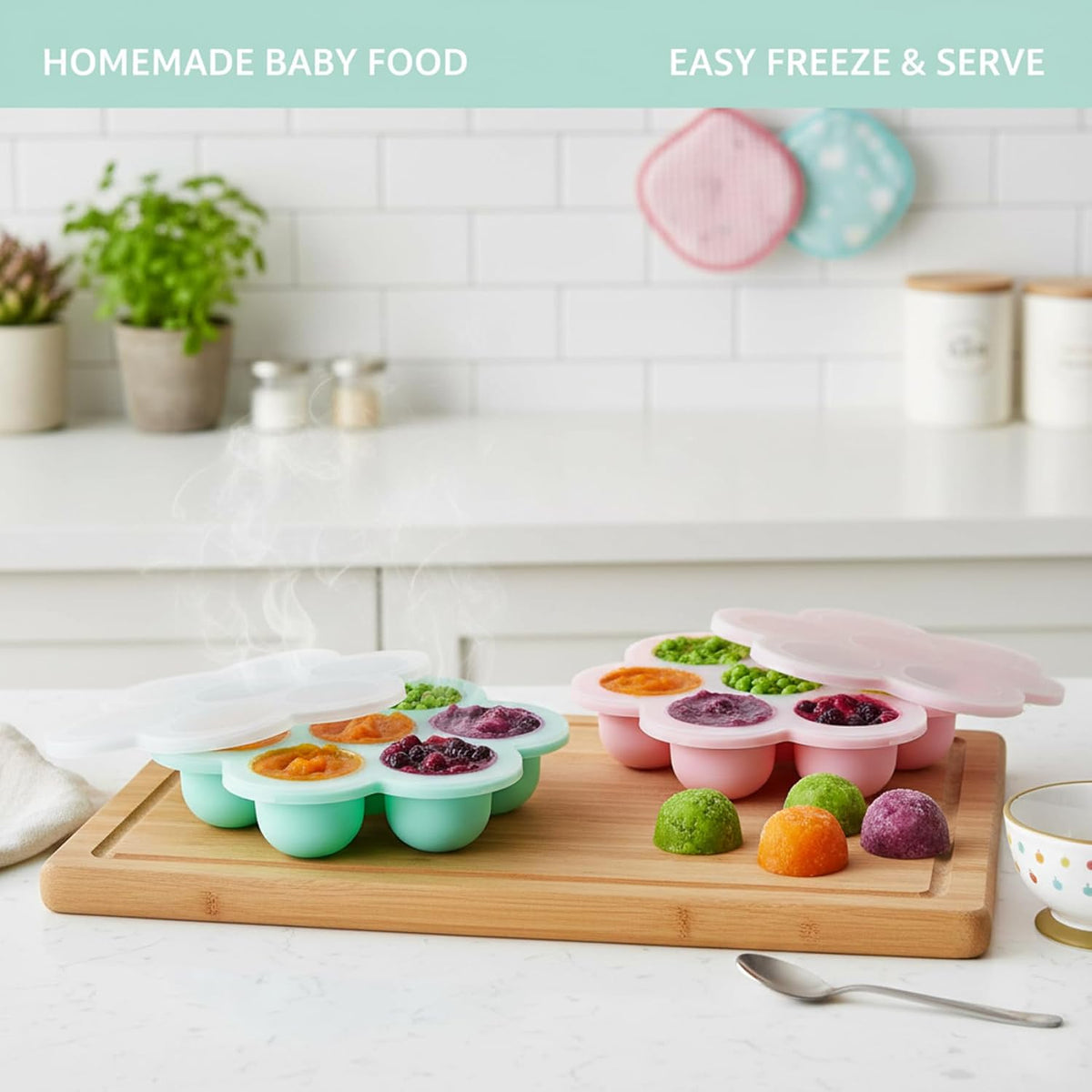 4-Pack Silicone Baby Food Freezer Tray, Ice Cube Mold for Homemade Puree & Breast Milk, Flexible Freezer Containers for Kitchen & Fridge, Baby Food Tray, Garden Décor