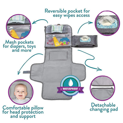 Portable Baby Diaper Changing Mat, Foldable Diaper Changing Pad with Multi Storage Pockets, Soft Skin - Friendly Oxford Cloth Travel Changing Station for On - the - Go (Grey)