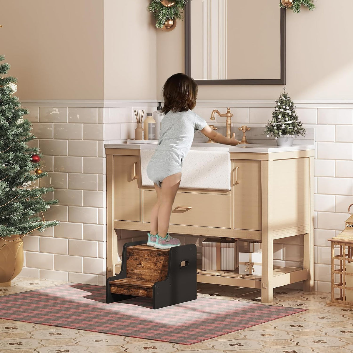 Step Stool for Kids, Two Step Toddler's Stool, Kids Potty Training Stool with Handles, Non-Slip Pads for Safety, Easy to Move, for Sink, Bathroom, Bedroom, Rustic Brown BF01JD01G3