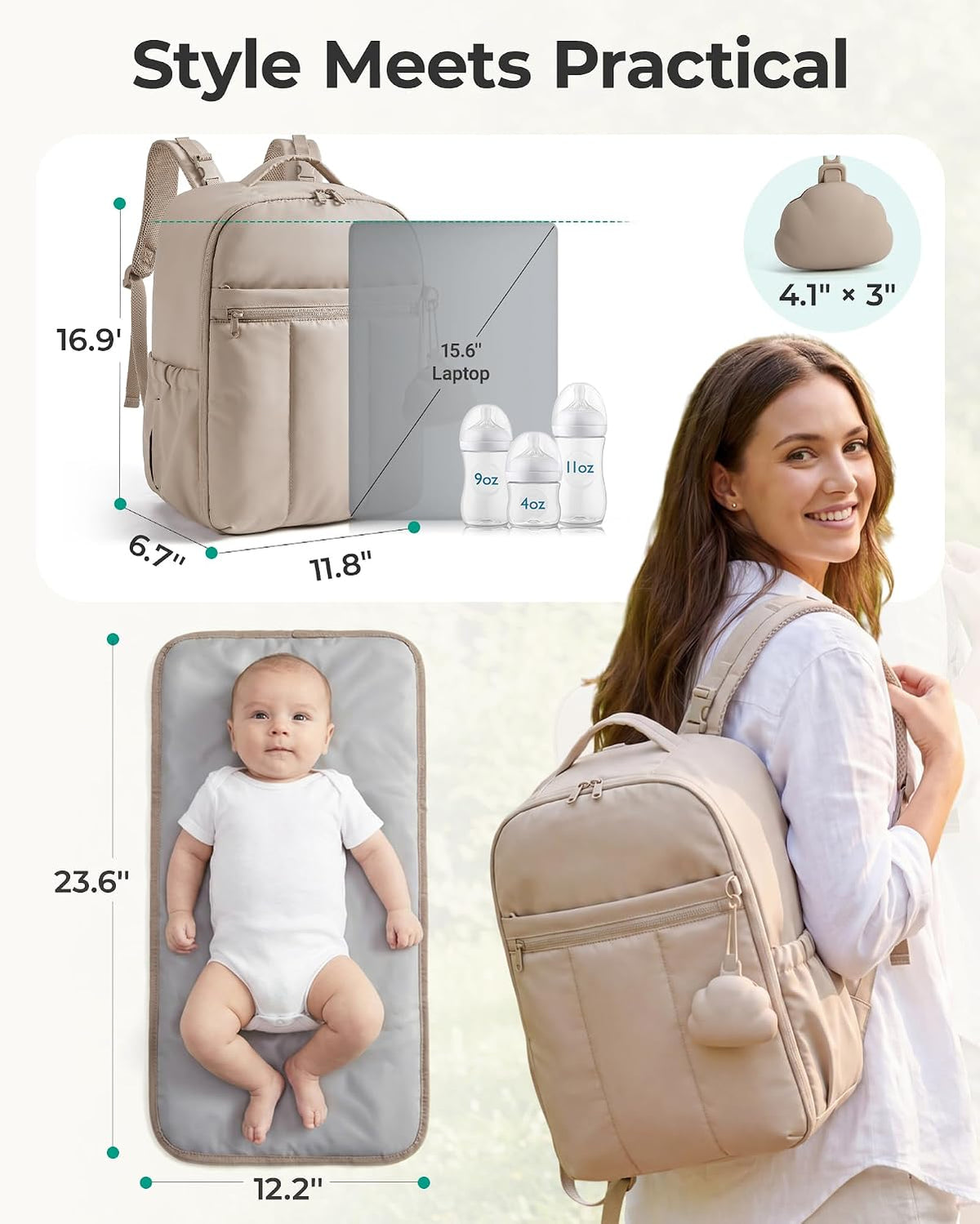 Diaper Backpack with Insulated Pockets & Changing Pad,Dark Pink