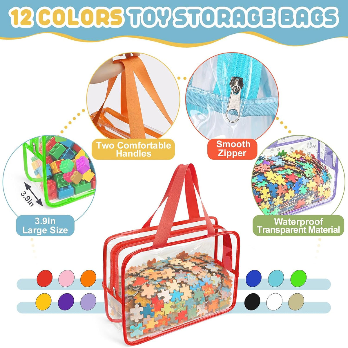 12 Packs 12 Colors Large Toy Storage Bags with Lables Clear PVC Bags