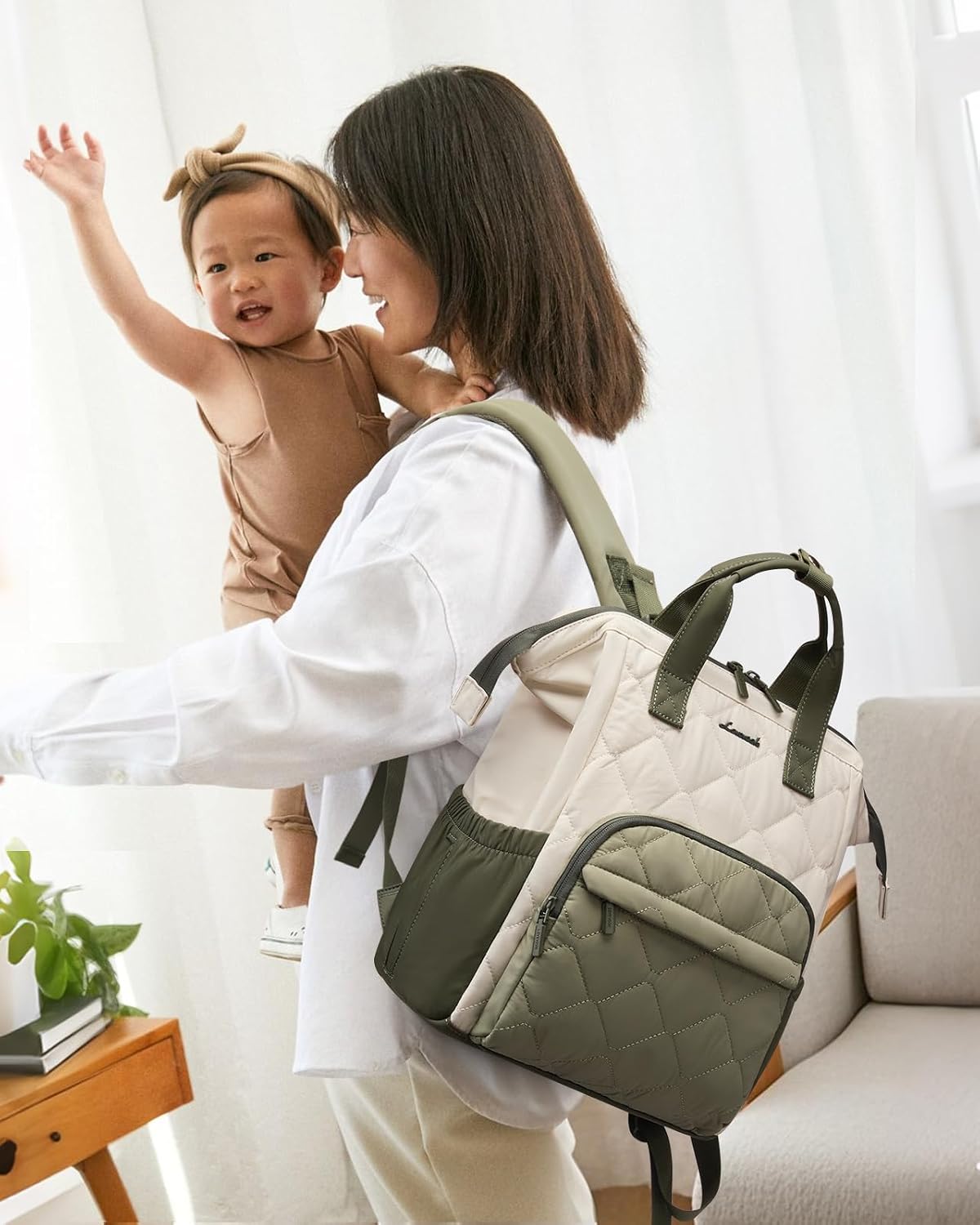 Small Diaper Bag Backpack, Mini Baby Bag for Girl Boy with Changing Pad, Diaper Backpack for Mom Dad with Stroller Buckles, Khaki