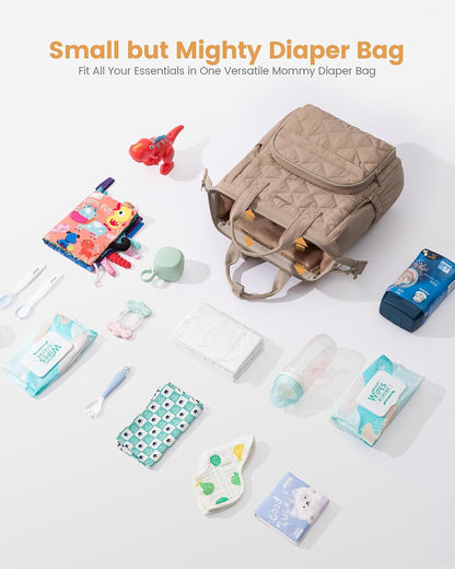 Small Diaper Bag Backpack, Mini Baby Bag for Girl Boy with Changing Pad, Diaper Backpack for Mom Dad with Stroller Buckles, Khaki