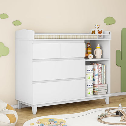 Baby Changing Table with 4 Drawers & 2 Open Shelves, Multi-Functional Nursery Changing Station with Storage, Pearl White