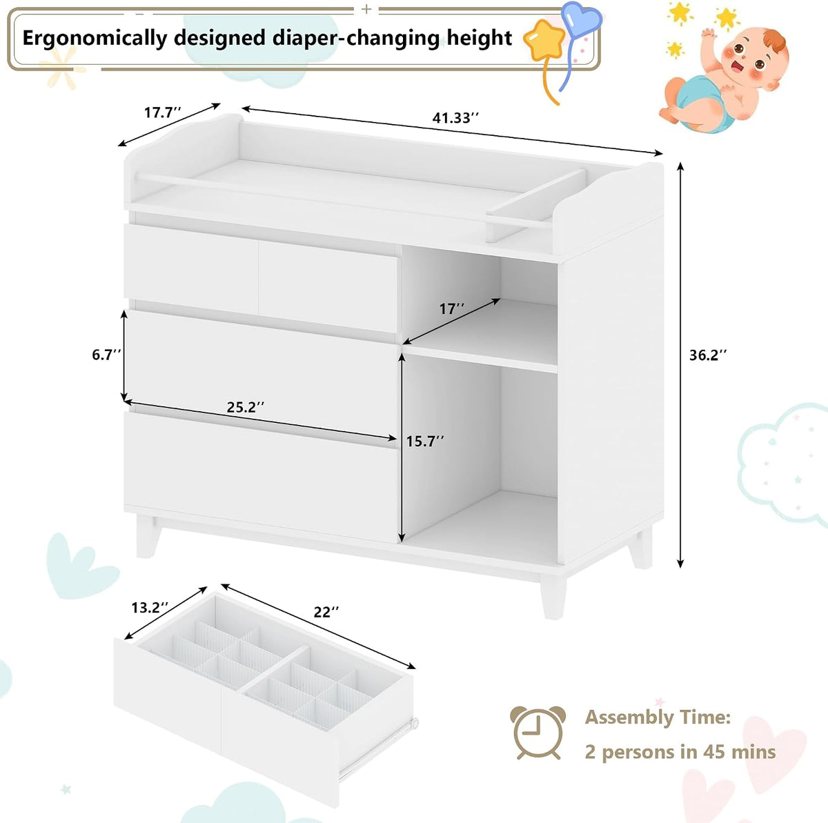 Baby Changing Table with 4 Drawers & 2 Open Shelves, Multi-Functional Nursery Changing Station with Storage, Pearl White
