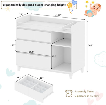 Baby Changing Table with 4 Drawers & 2 Open Shelves, Multi-Functional Nursery Changing Station with Storage, Pearl White