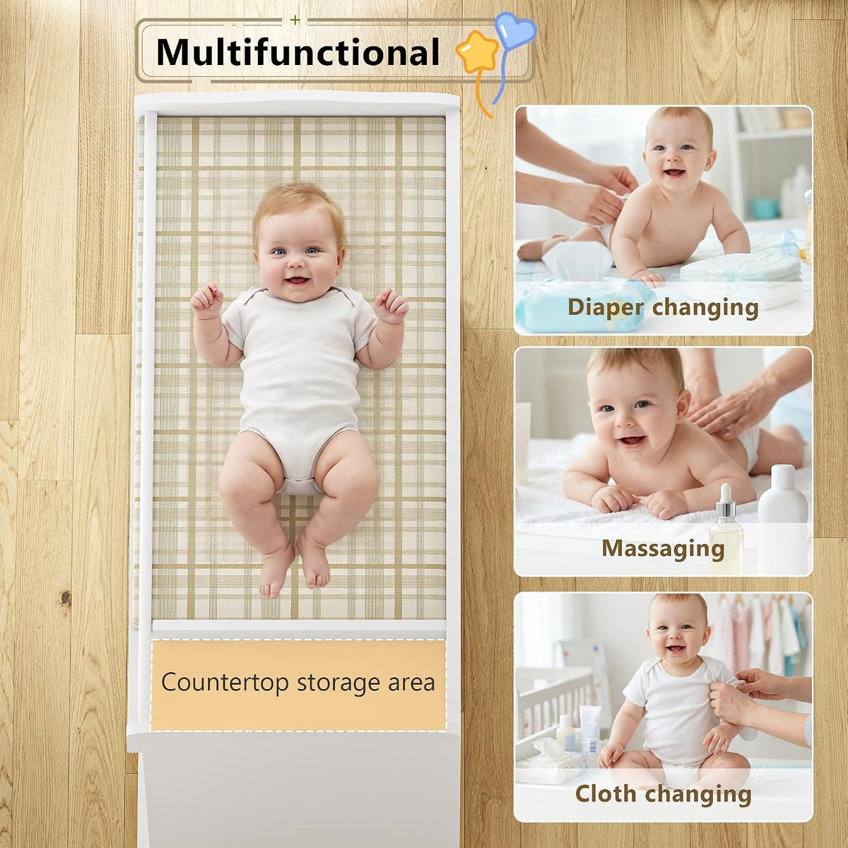 Baby Changing Table with 4 Drawers & 2 Open Shelves, Multi-Functional Nursery Changing Station with Storage, Pearl White