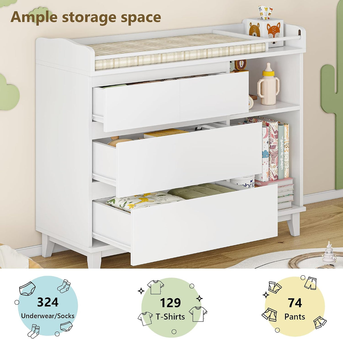 Baby Changing Table with 4 Drawers & 2 Open Shelves, Multi-Functional Nursery Changing Station with Storage, Pearl White