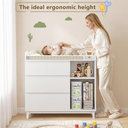 Baby Changing Table with 4 Drawers & 2 Open Shelves, Multi-Functional Nursery Changing Station with Storage, Pearl White