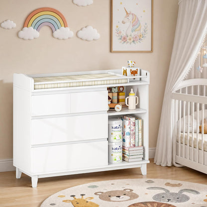 Baby Changing Table with 4 Drawers & 2 Open Shelves, Multi-Functional Nursery Changing Station with Storage, Pearl White