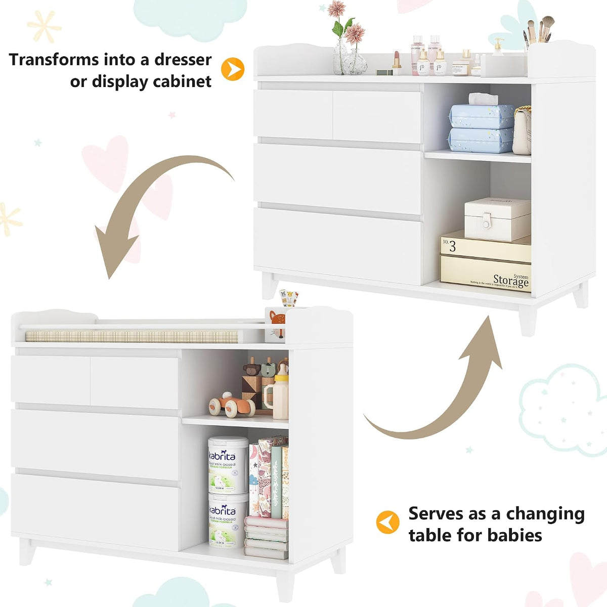 Baby Changing Table with 4 Drawers & 2 Open Shelves, Multi-Functional Nursery Changing Station with Storage, Pearl White