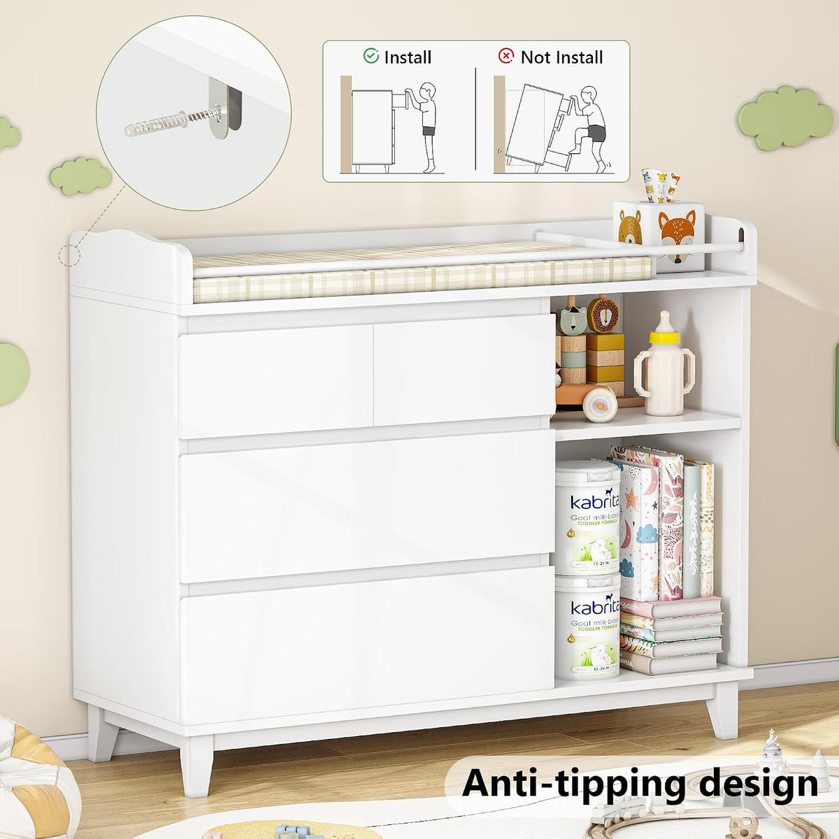 Baby Changing Table with 4 Drawers & 2 Open Shelves, Multi-Functional Nursery Changing Station with Storage, Pearl White