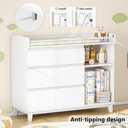 Baby Changing Table with 4 Drawers & 2 Open Shelves, Multi-Functional Nursery Changing Station with Storage, Pearl White