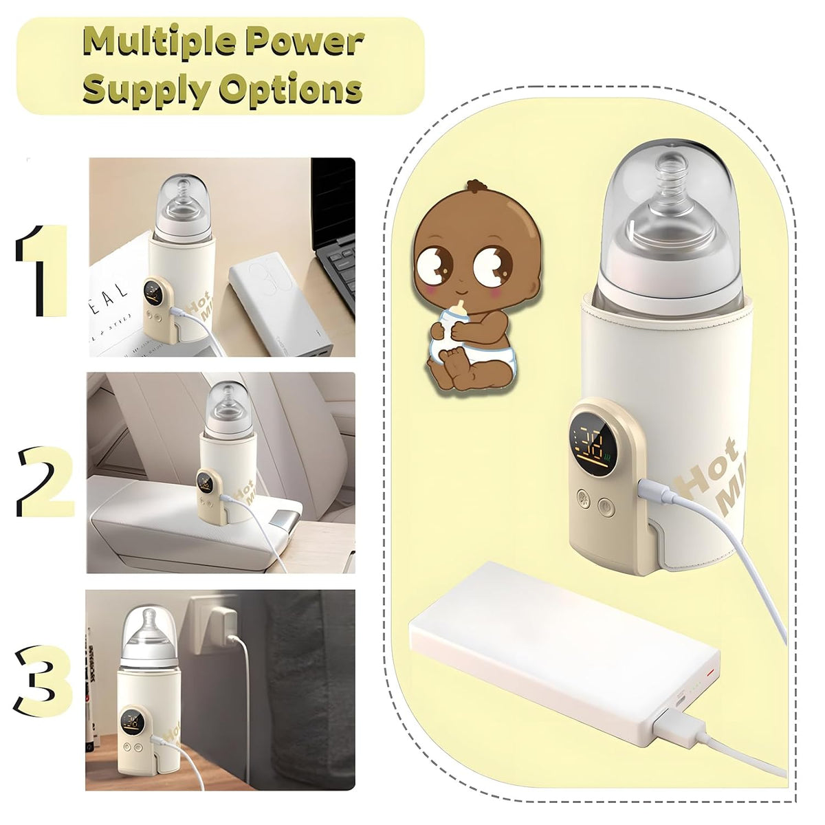 Portable Baby Bottle Warmer for Travel, USB Rechargeable Breast Milk Warmer with 6 Temperature Setting, Fast Heating & Long-Lasting Warmth, Battery Powered Milk Warmer for Car Outdoor Use (6000mAh)