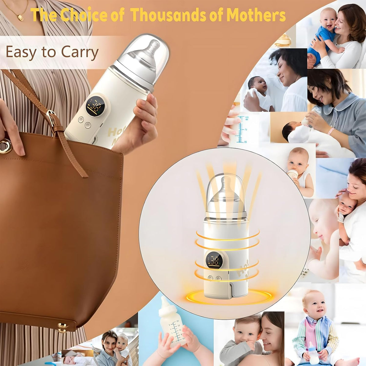 Portable Baby Bottle Warmer for Travel, USB Rechargeable Breast Milk Warmer with 6 Temperature Setting, Fast Heating & Long-Lasting Warmth, Battery Powered Milk Warmer for Car Outdoor Use (6000mAh)