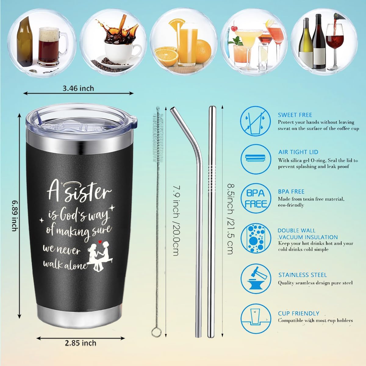 To My Bestie Tumbler 20oz - Gifts for Best Friend Women, My Soul Sister,Side Kick Cup - Stainless Steel Insulated Travel Mug with Lid - Christmas Birthday Friendship Present for BFF,Female Friend,Sis