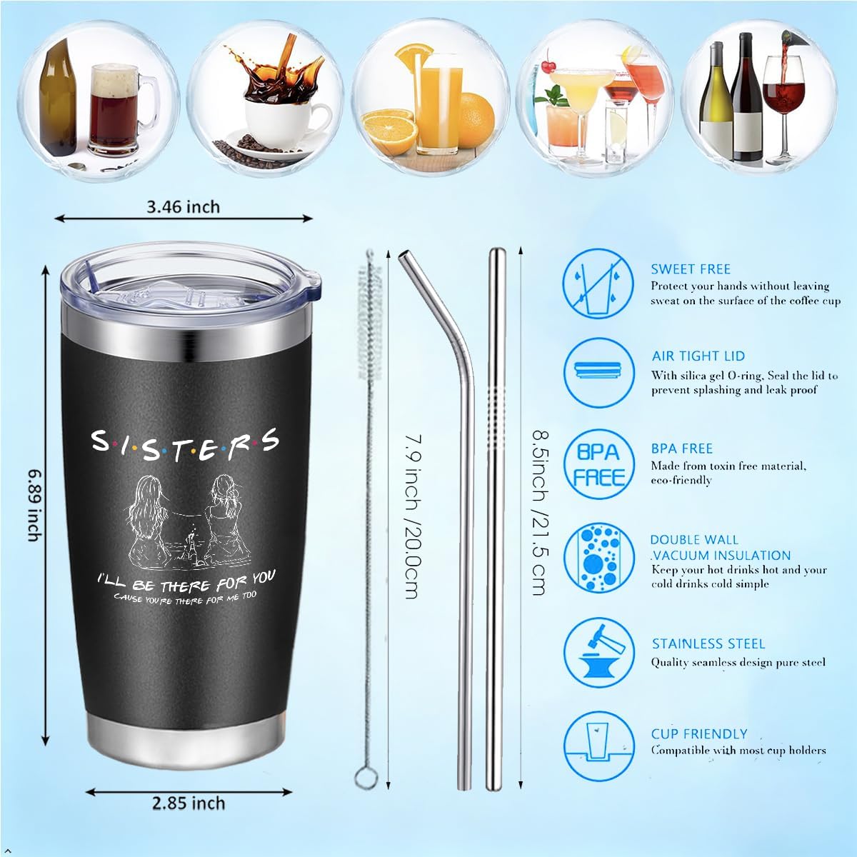 To My Bestie Tumbler 20oz - Gifts for Best Friend Women, My Soul Sister,Side Kick Cup - Stainless Steel Insulated Travel Mug with Lid - Christmas Birthday Friendship Present for BFF,Female Friend,Sis