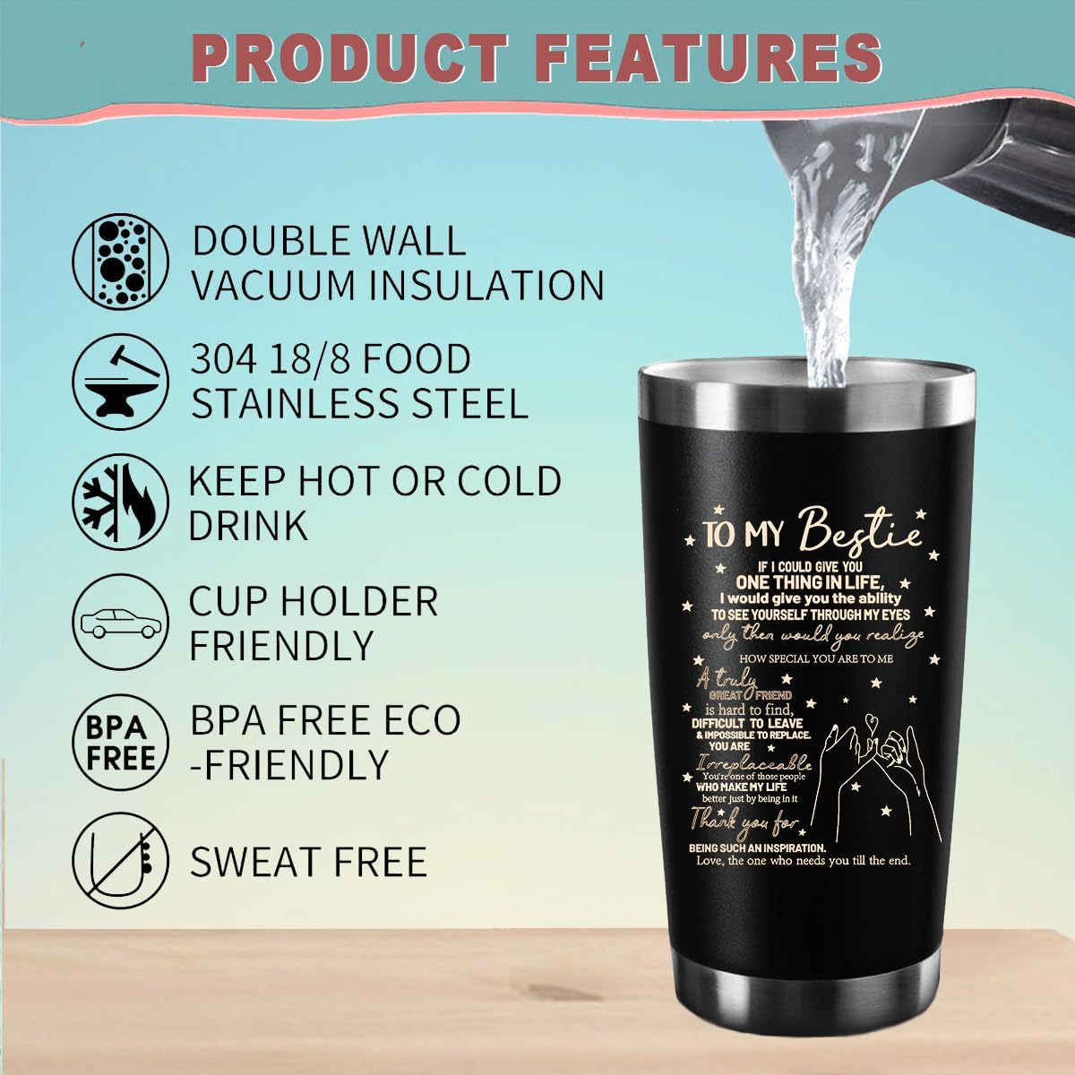 To My Bestie Tumbler 20oz - Gifts for Best Friend Women, My Soul Sister,Side Kick Cup - Stainless Steel Insulated Travel Mug with Lid - Christmas Birthday Friendship Present for BFF,Female Friend,Sis