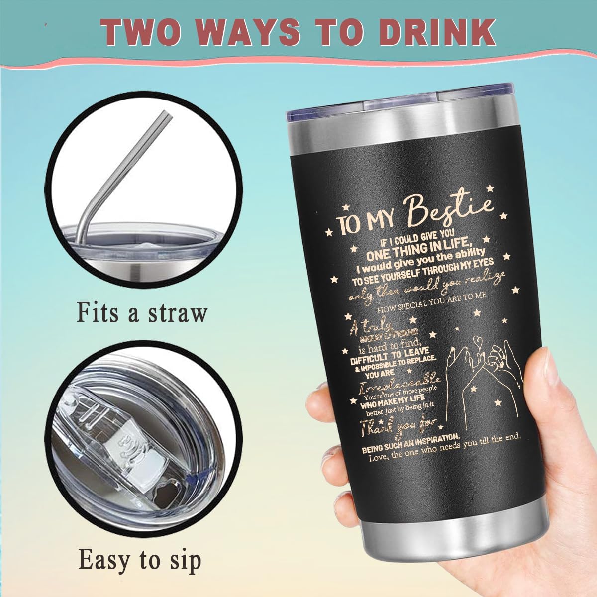 To My Bestie Tumbler 20oz - Gifts for Best Friend Women, My Soul Sister,Side Kick Cup - Stainless Steel Insulated Travel Mug with Lid - Christmas Birthday Friendship Present for BFF,Female Friend,Sis