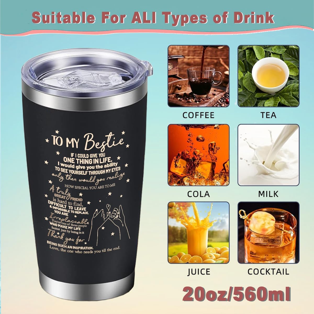 To My Bestie Tumbler 20oz - Gifts for Best Friend Women, My Soul Sister,Side Kick Cup - Stainless Steel Insulated Travel Mug with Lid - Christmas Birthday Friendship Present for BFF,Female Friend,Sis