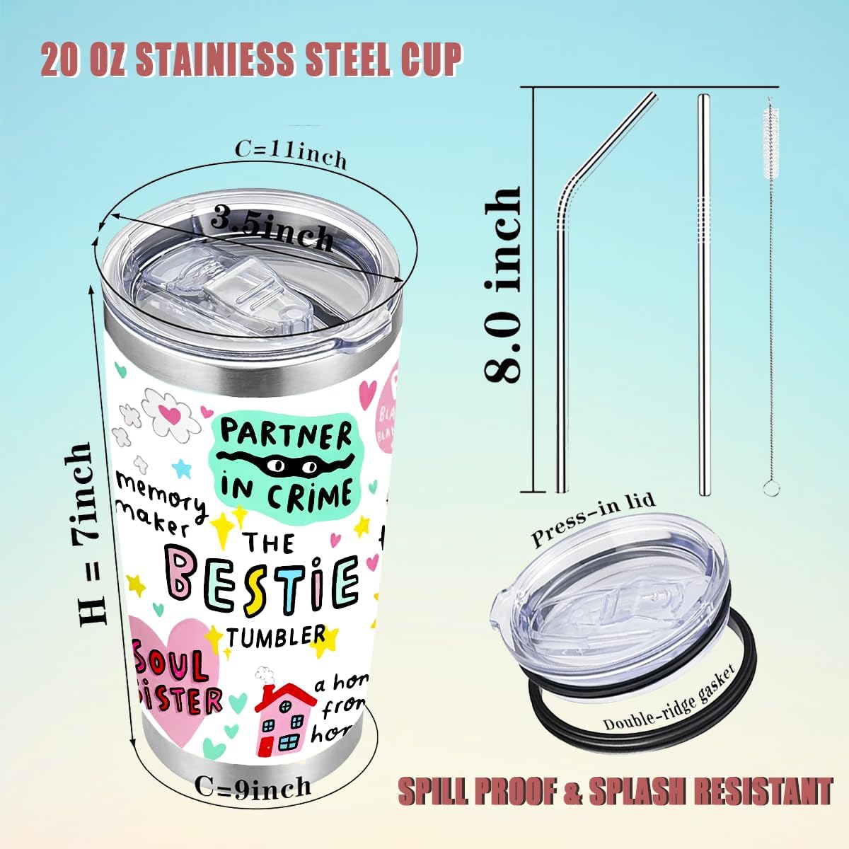 To My Bestie Tumbler 20oz - Gifts for Best Friend Women, My Soul Sister,Side Kick Cup - Stainless Steel Insulated Travel Mug with Lid - Christmas Birthday Friendship Present for BFF,Female Friend,Sis