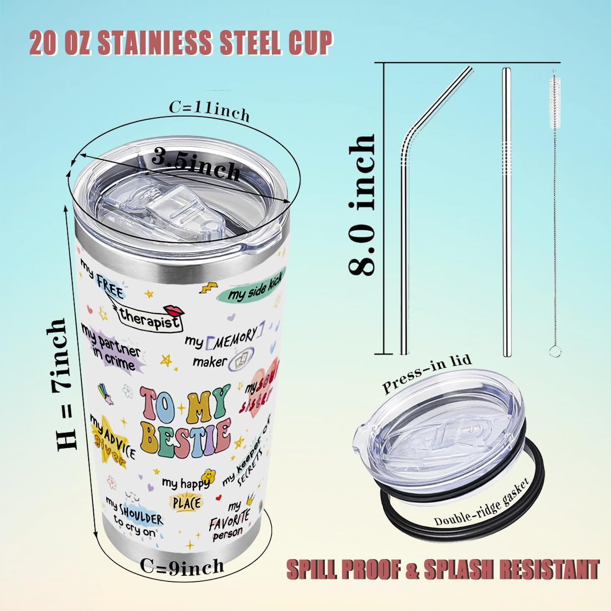 To My Bestie Tumbler 20oz - Gifts for Best Friend Women, My Soul Sister,Side Kick Cup - Stainless Steel Insulated Travel Mug with Lid - Christmas Birthday Friendship Present for BFF,Female Friend,Sis