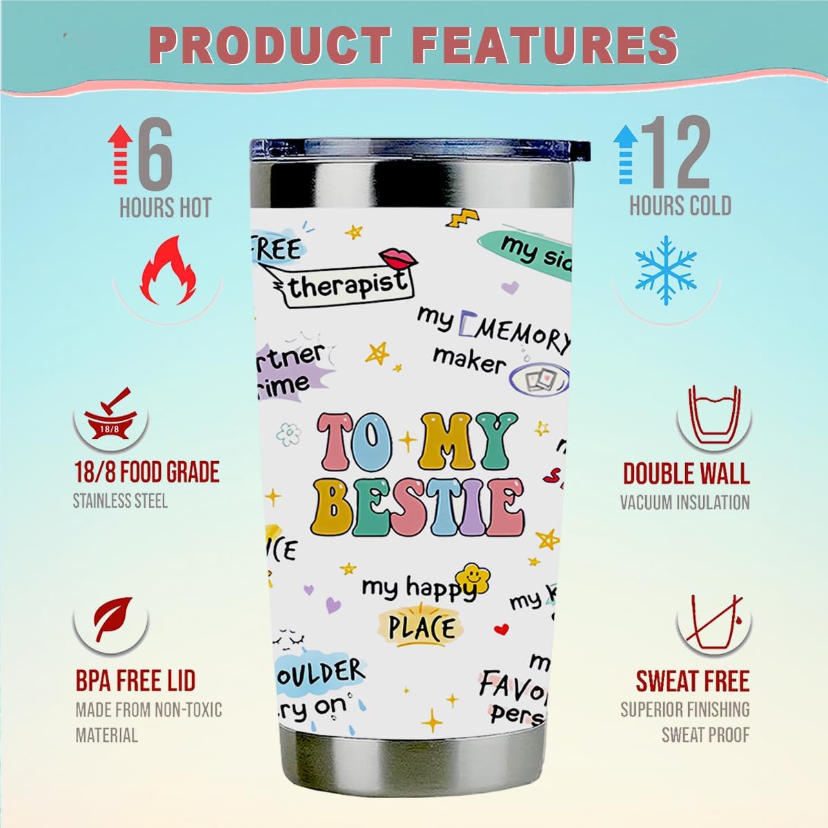 To My Bestie Tumbler 20oz - Gifts for Best Friend Women, My Soul Sister,Side Kick Cup - Stainless Steel Insulated Travel Mug with Lid - Christmas Birthday Friendship Present for BFF,Female Friend,Sis