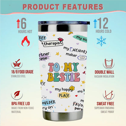 To My Bestie Tumbler 20oz - Gifts for Best Friend Women, My Soul Sister,Side Kick Cup - Stainless Steel Insulated Travel Mug with Lid - Christmas Birthday Friendship Present for BFF,Female Friend,Sis