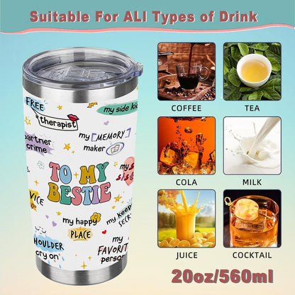 To My Bestie Tumbler 20oz - Gifts for Best Friend Women, My Soul Sister,Side Kick Cup - Stainless Steel Insulated Travel Mug with Lid - Christmas Birthday Friendship Present for BFF,Female Friend,Sis