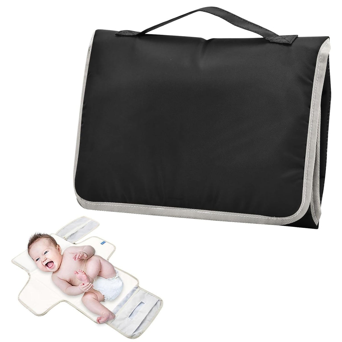 Solid Black Portable Diaper Changing Pad, Waterproof Baby Changing Mat with Storage Pocket & Built-in Pillow, Foldable Travel Pad, Newborn Gift Set for Boy Girl