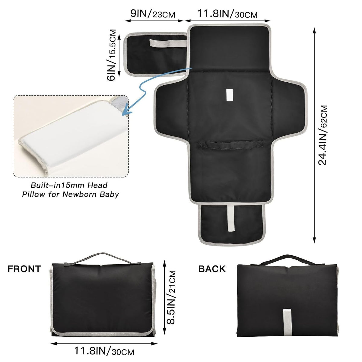 Solid Black Portable Diaper Changing Pad, Waterproof Baby Changing Mat with Storage Pocket & Built-in Pillow, Foldable Travel Pad, Newborn Gift Set for Boy Girl