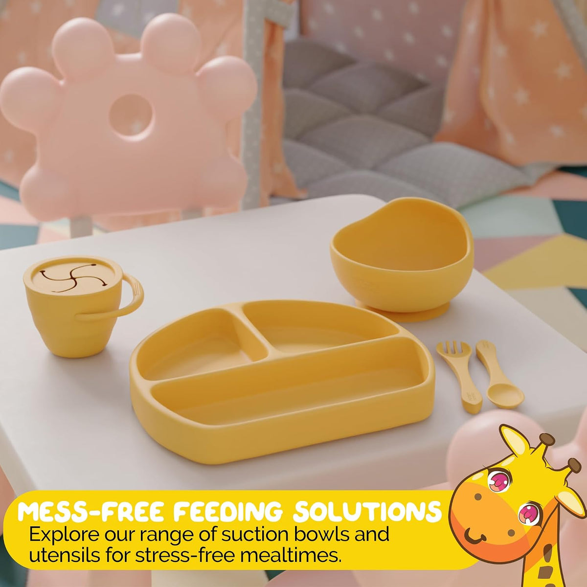 Silicone Feeding Set in Yellow including all Baby Dinnerware set - Food Grade Silicone (6 Piece Set)
