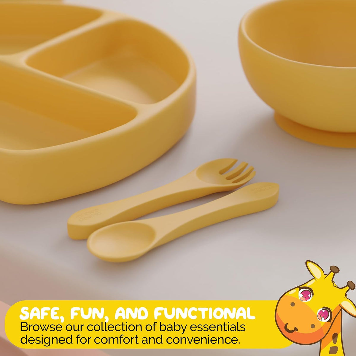 Silicone Feeding Set in Yellow including all Baby Dinnerware set - Food Grade Silicone (6 Piece Set)