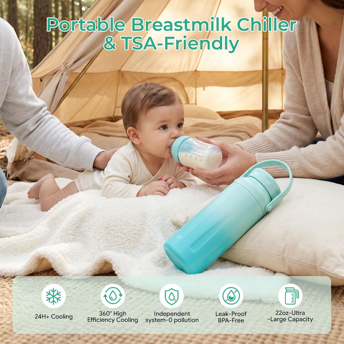 Breast Milk Cooler with 2 Bottles, Portable Breastmilk Chiller 22 oz, 24H Insulated Milk Storage Container, Leak-Proof BPA-Free, TSA Friendly Travel & Work, for Pumping Moms