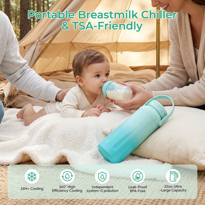 Breast Milk Cooler with 2 Bottles, Portable Breastmilk Chiller 22 oz, 24H Insulated Milk Storage Container, Leak-Proof BPA-Free, TSA Friendly Travel & Work, for Pumping Moms