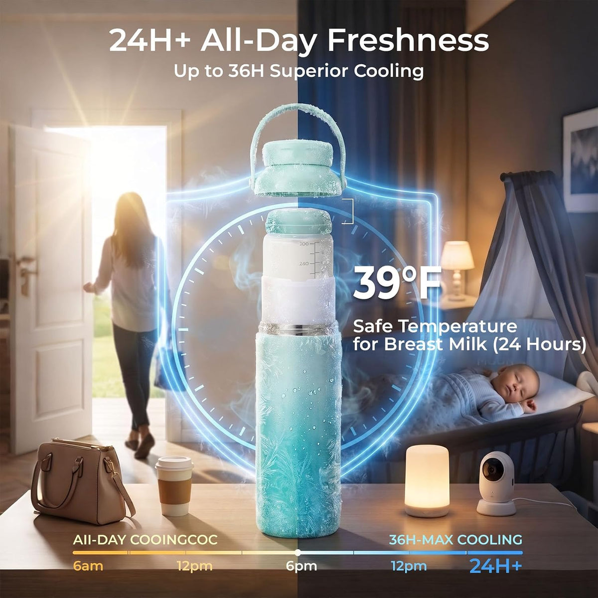 Breast Milk Cooler with 2 Bottles, Portable Breastmilk Chiller 22 oz, 24H Insulated Milk Storage Container, Leak-Proof BPA-Free, TSA Friendly Travel & Work, for Pumping Moms