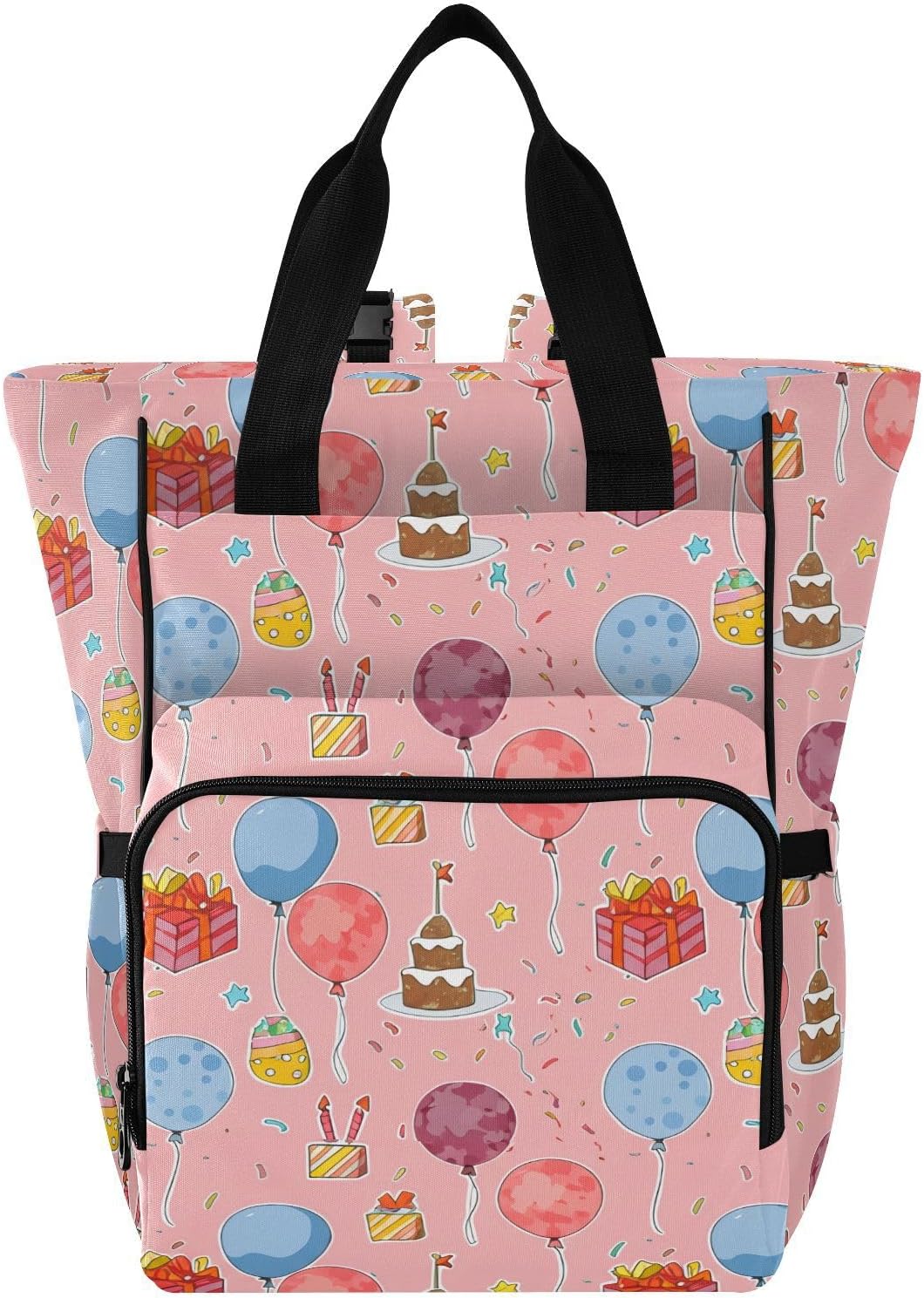 Diaper Bag Backpack, Multifunction Travel Bag for Moms Dads, Baby Changing Bag with Insulted Pockets, Stroller Straps and Side Bottle Pockets Party Celebrating Pattern