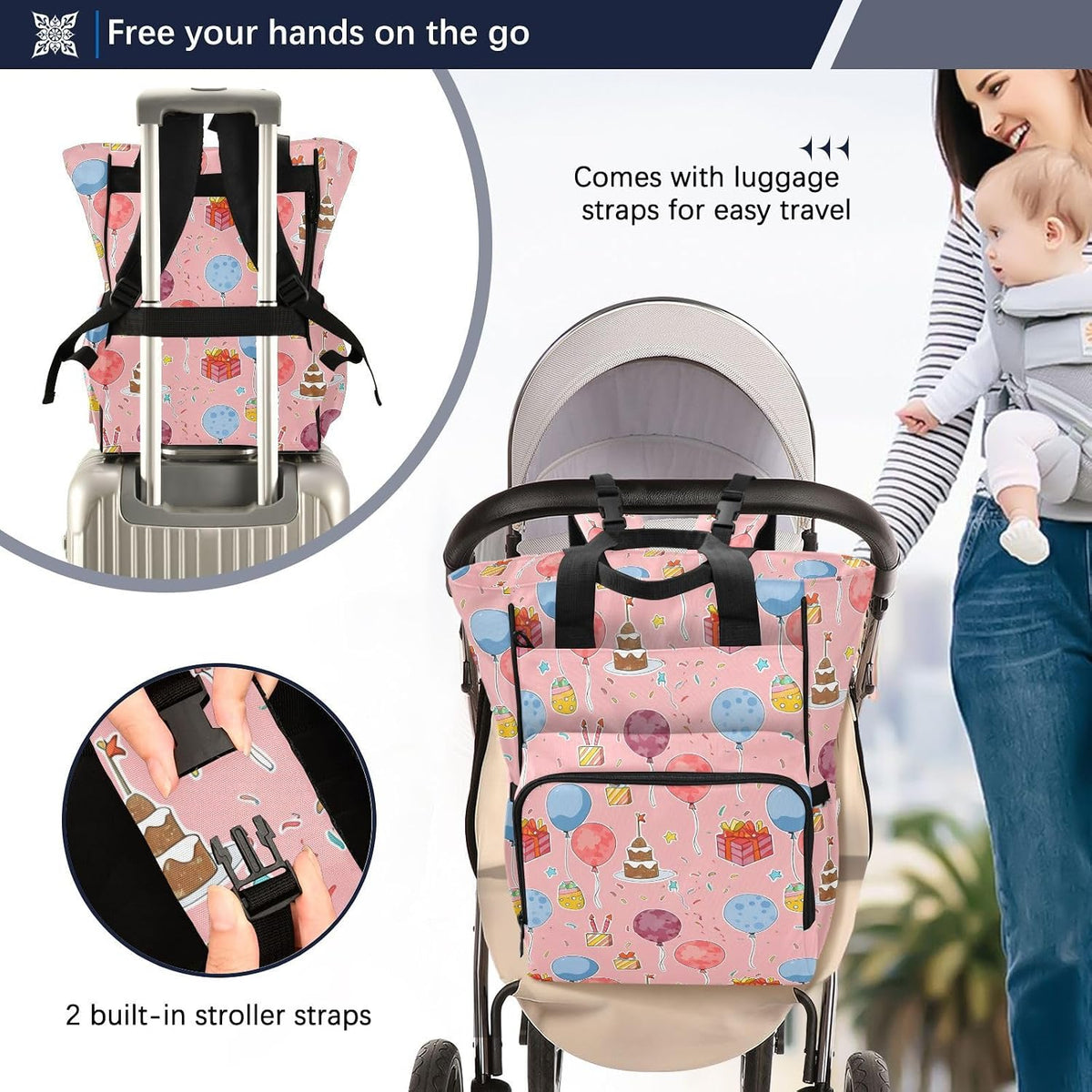 Diaper Bag Backpack, Multifunction Travel Bag for Moms Dads, Baby Changing Bag with Insulted Pockets, Stroller Straps and Side Bottle Pockets Party Celebrating Pattern