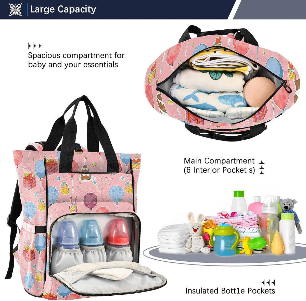 Diaper Bag Backpack, Multifunction Travel Bag for Moms Dads, Baby Changing Bag with Insulted Pockets, Stroller Straps and Side Bottle Pockets Party Celebrating Pattern