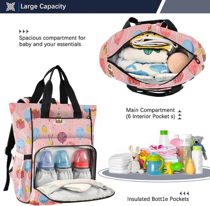 Diaper Bag Backpack, Multifunction Travel Bag for Moms Dads, Baby Changing Bag with Insulted Pockets, Stroller Straps and Side Bottle Pockets Party Celebrating Pattern