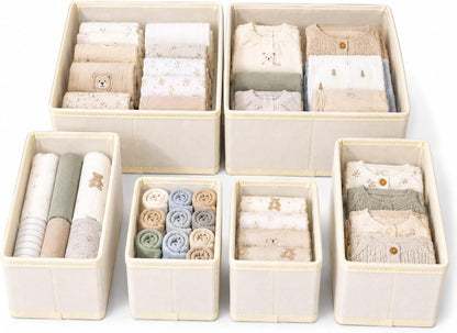 6 Pack Baby Drawer Organizers, Nursery Dresser Drawer Storage Bins, Foldable Fabric Organizers for Baby Clothes, Diapers, Socks, Bibs & Accessories, Beige