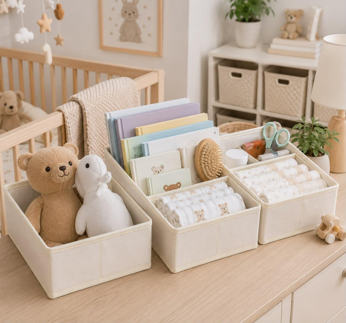 6 Pack Baby Drawer Organizers, Nursery Dresser Drawer Storage Bins, Foldable Fabric Organizers for Baby Clothes, Diapers, Socks, Bibs & Accessories, Beige